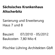 Sächsisches Krankenhaus Altscherbitz  Sanierung und Erweiterung        Haus 7 und 8  Bauzeit     	07/2010 - 05/2012 Baukosten	7,80 Mio €  Plischke Lühring Architekten GbR